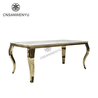 Luxury Rectangular Wedding Table | Golden Stainless Steel & Thickened Marble with Bent Leg Design