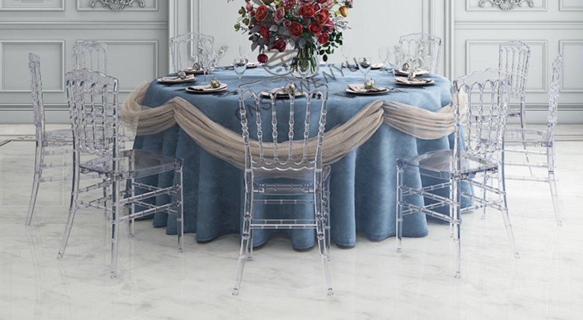 Transparent Napoleon Chairs & Stainless Steel Tables | Luxury Wedding Furniture Setup